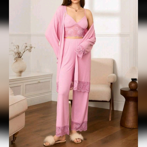 3pcs Women's Lace Patchwork Robe Set, Mature Charming